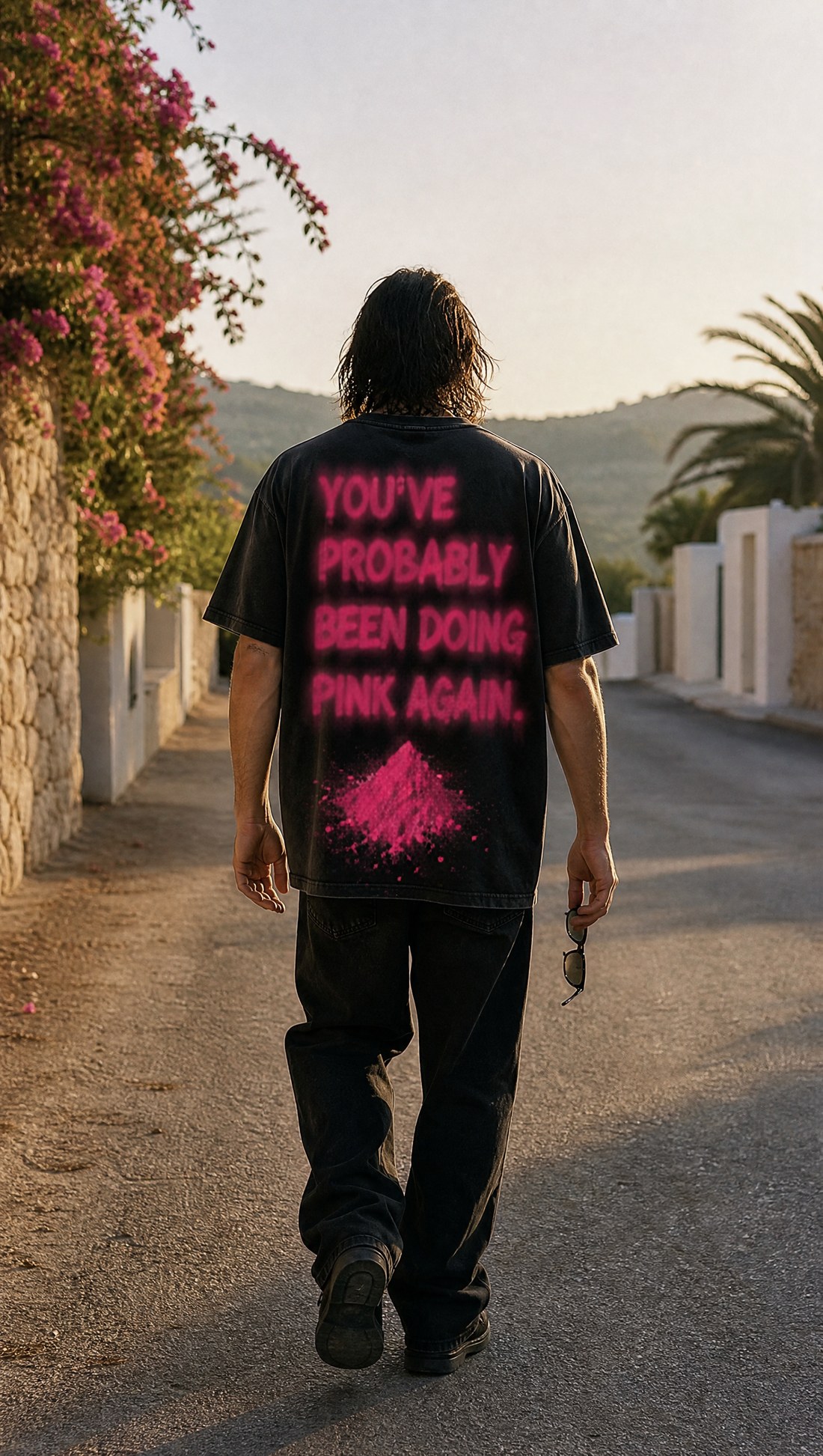 AFTER HOURS SOCIETY — DROP 01 worn on an Ibiza road at sunrise